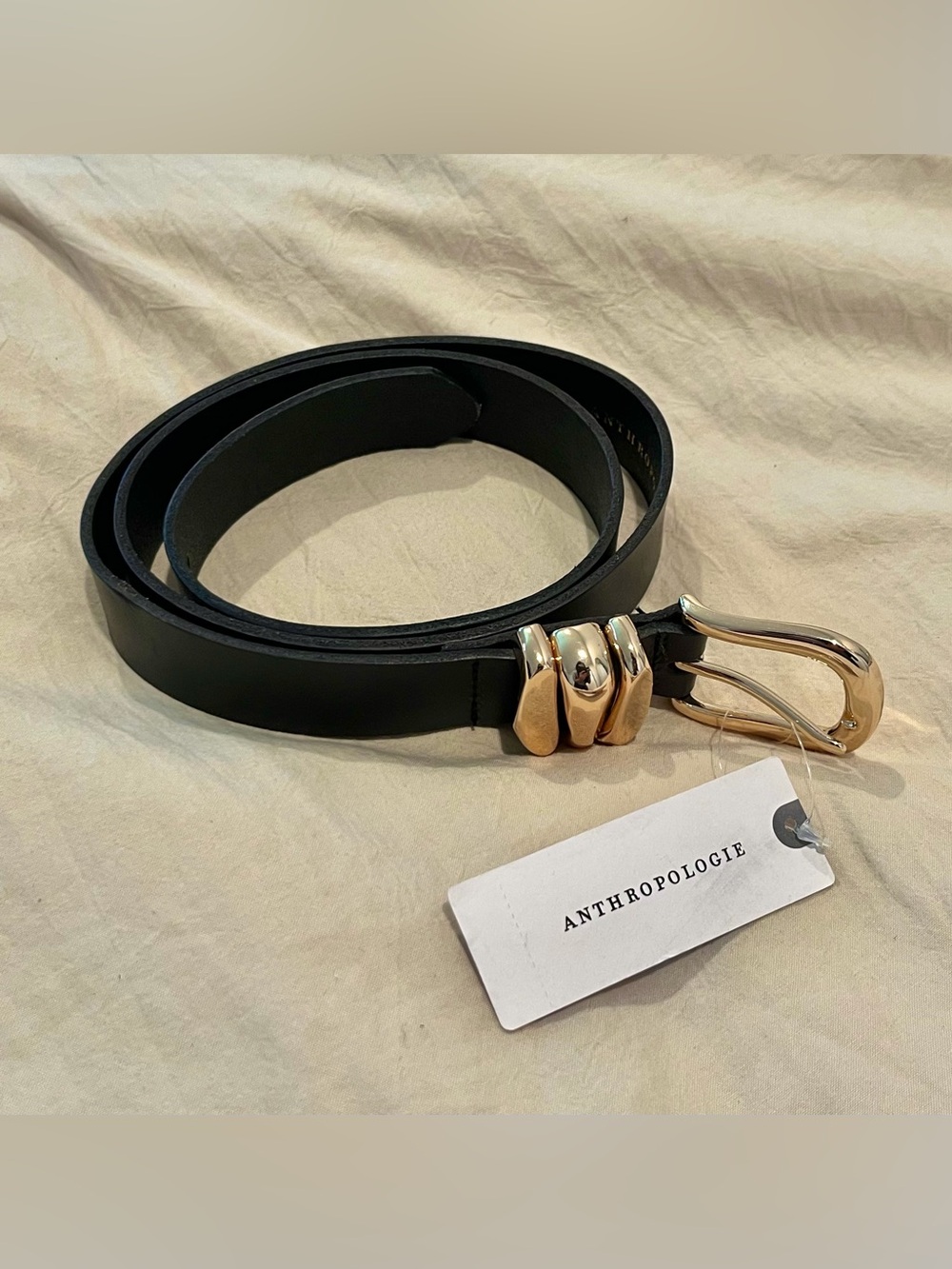 Anthropologie Black Leather Belt with Polished Gold Buckle
